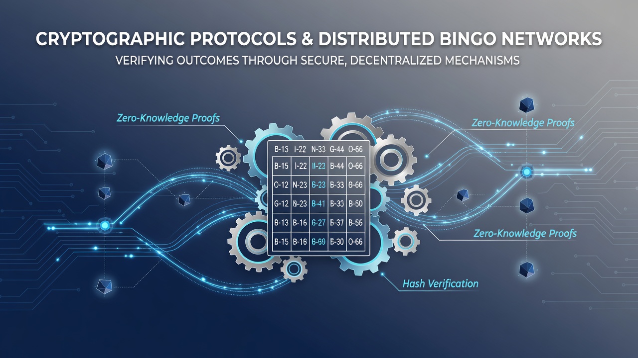 Diagram illustrating cryptographic verification processes in distributed bingo networks with connected nodes adn encrypted data flows