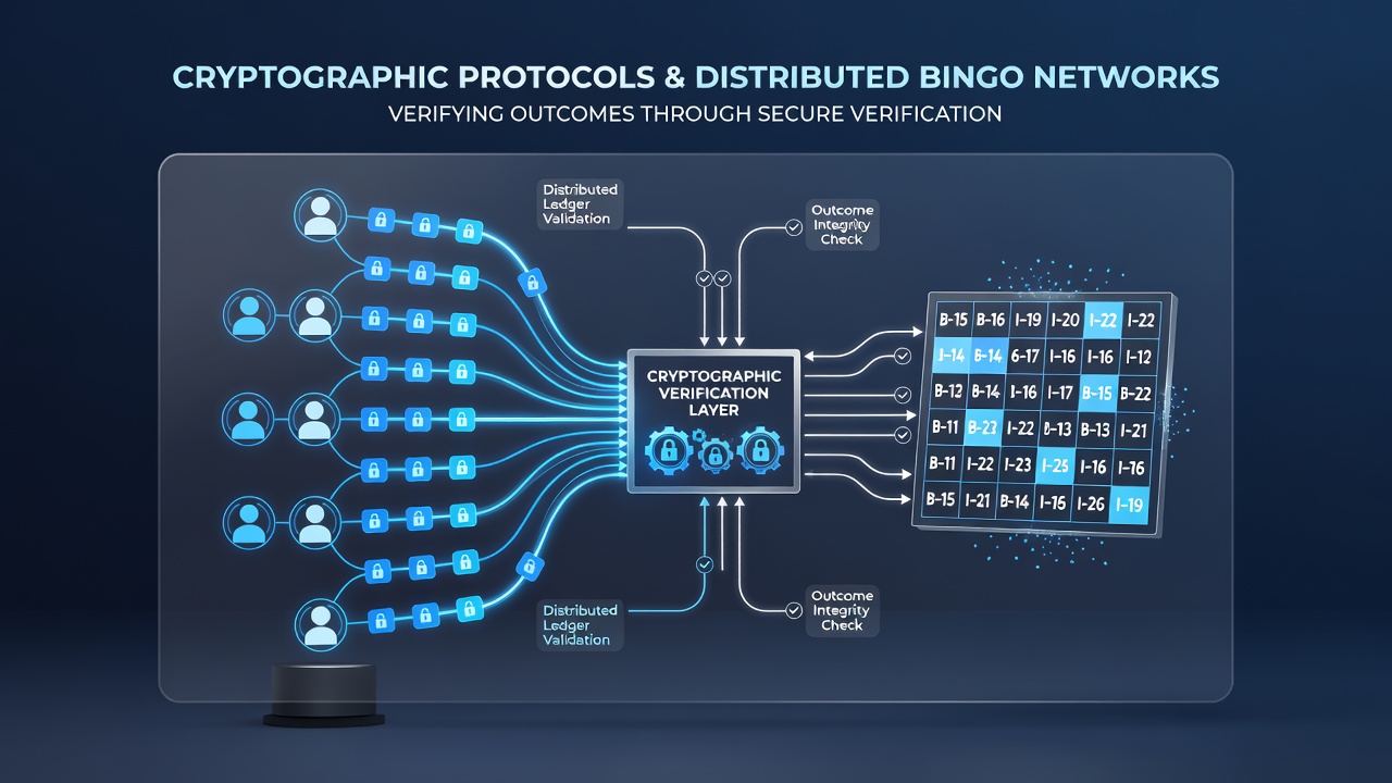 Network diagram showing bingo draw verification across distributed nodes using zero-knowledge proofs