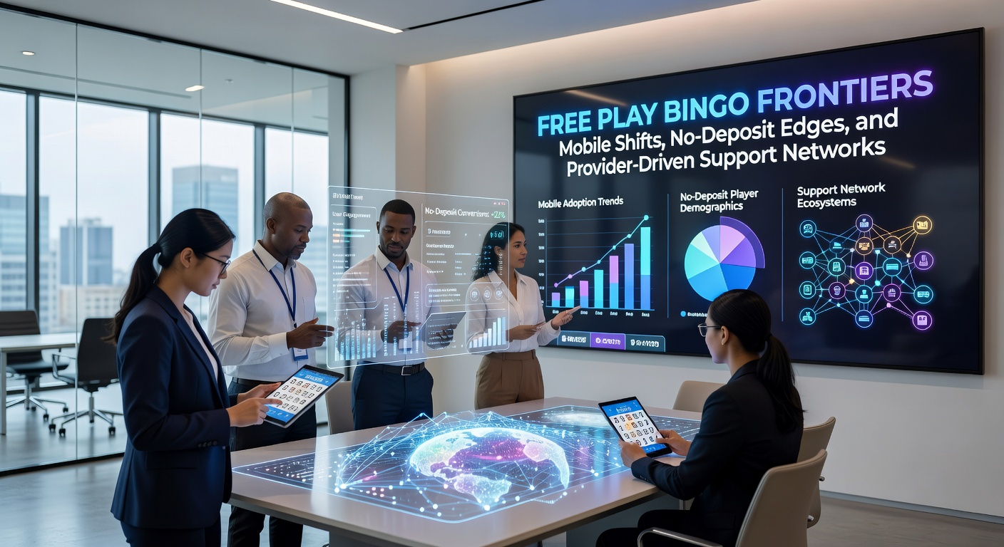 Vibrant digital illustration of mobile bingo players engaging in free play sessions across global networks, highlighting app interfaces and no-deposit promotions