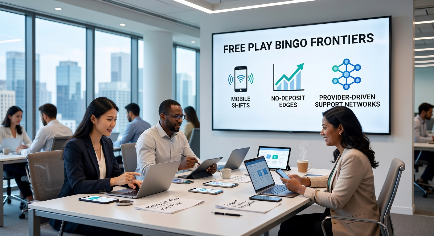 Screenshot collage of no-deposit bingo promotions on mobile apps, showing free credits, provider logos, and support chat interfaces