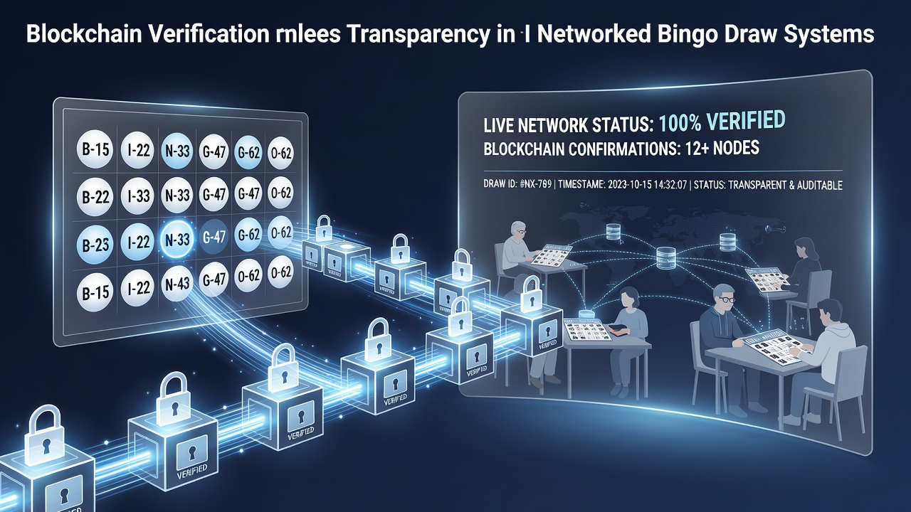 Blockchain network nodes verifying a bingo draw sequence in real time across connected systems