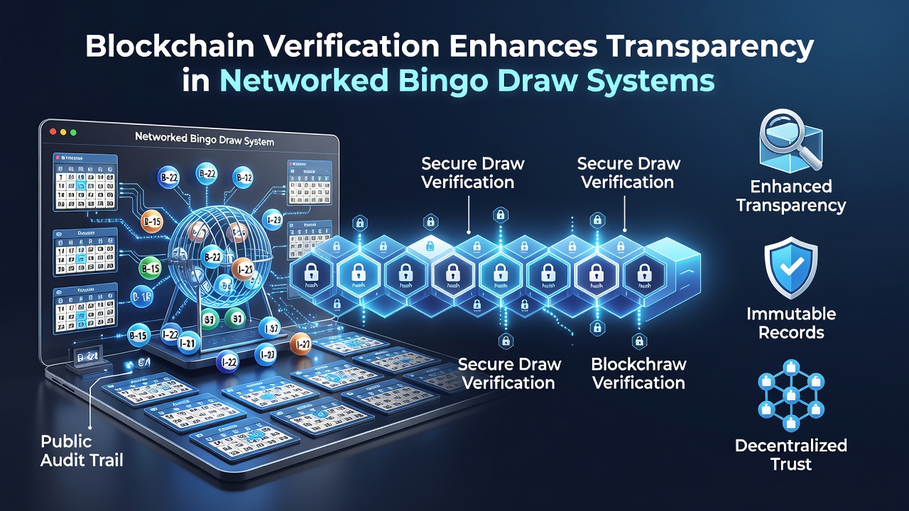 Networked bingo terminals displaying verified draw results pulled from blockchain ledger