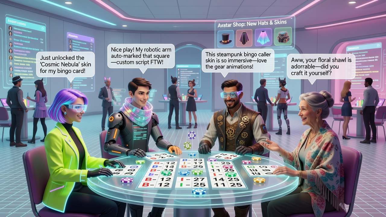 Group of customized avatars gathered in a lively virtual bingo hall chat during an evening session